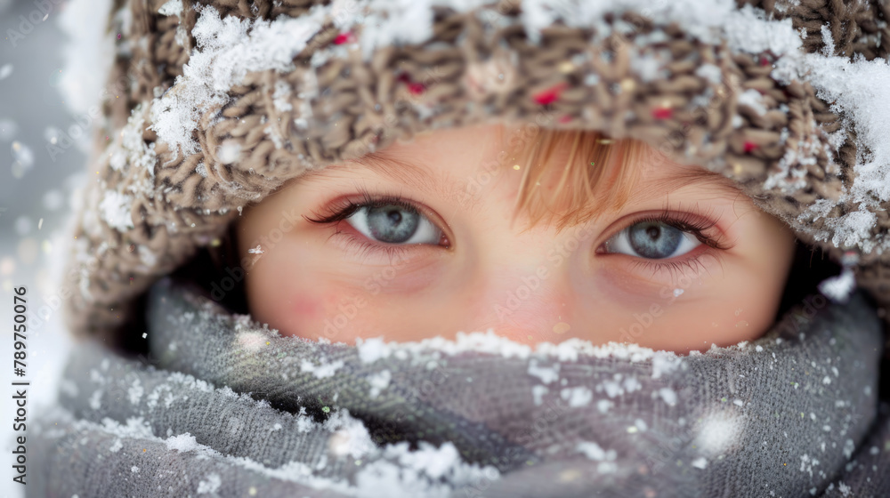 An endearing closeup of a child's nose and rosy cheeks peeking out from under a cozy winter hat, radiating the pure joy of playing in the snow. An endearing closeup of a child's nose and rosy cheeks peeking out from under a cozy winter hat, radiating the pure joy of playing in the snow.