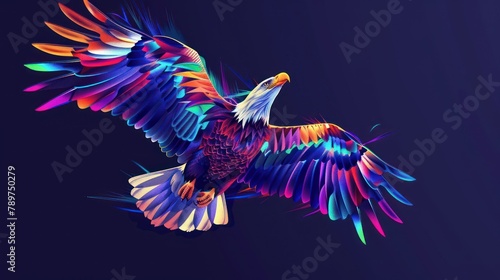 Flying bald eagle. Color, abstract, neon, art portrait of a soaring bald eagle on dark blue background in pop art style.