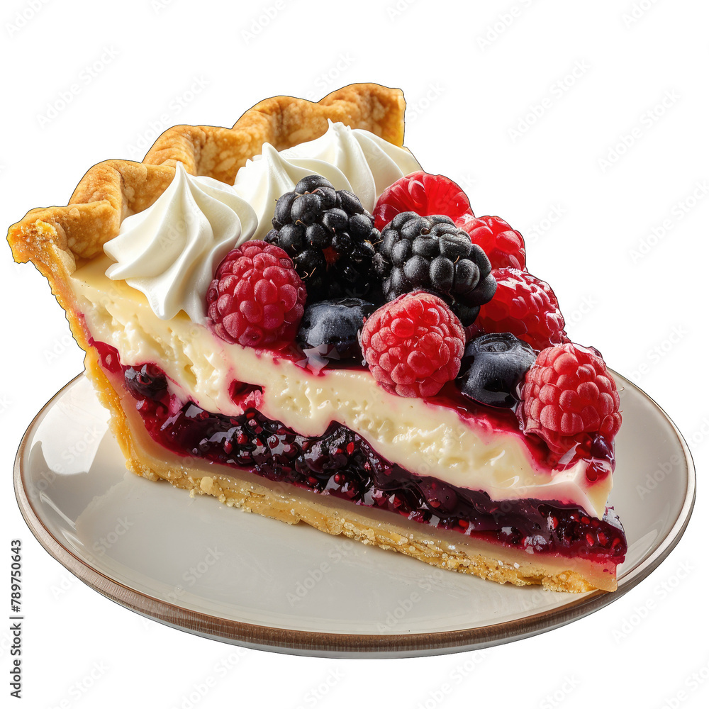 Bountiful Mixed Berry Custard Pie Slice with Decadent Whipped Cream on Plate - Isolated, Transparent Background Bountiful Mixed Berry Custard Pie Slice with Decadent Whipped Cream on Plate - Isolated, Transparent Background