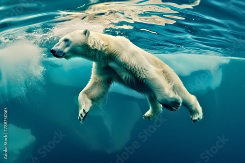 Majestic polar bear gracefully navigating through frigid Arctic waters