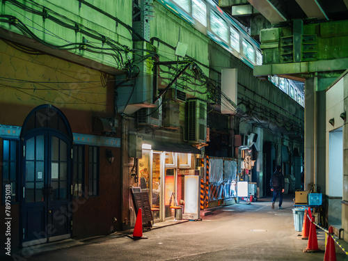 Lonely alley in downtown Tokyo at night photo