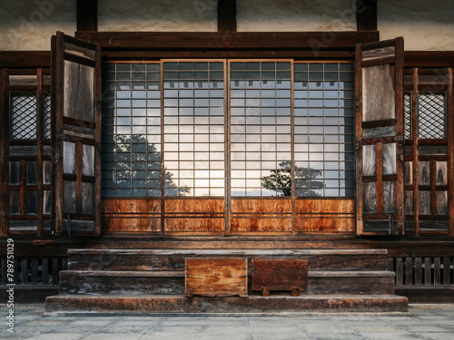 Traditional wooden sliding doors of an ancient temple photo