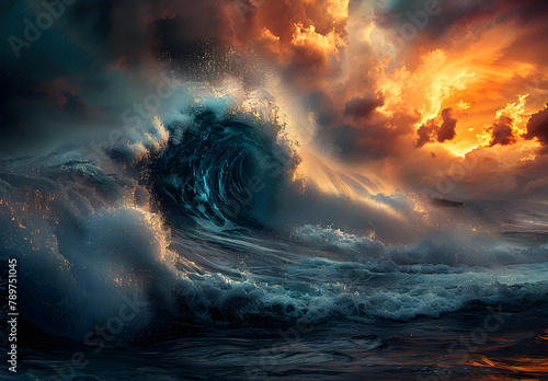 Huge blue ocean waves crashing at sunset during large swell in heavy storm wallpaper background, Seascape and disaster of nature concept, Digital art illustration. photo