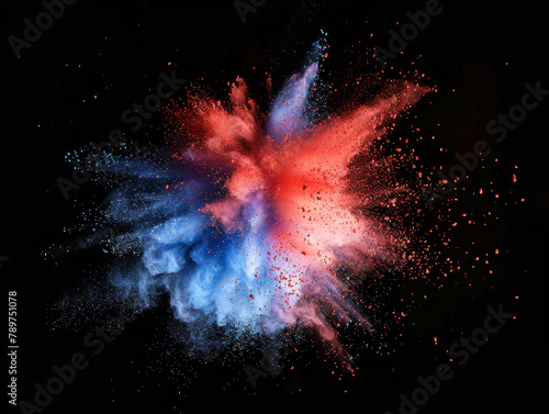Vibrant colored powder explosion in closeup. Abstract dust on a backdrop with colorful bursts.