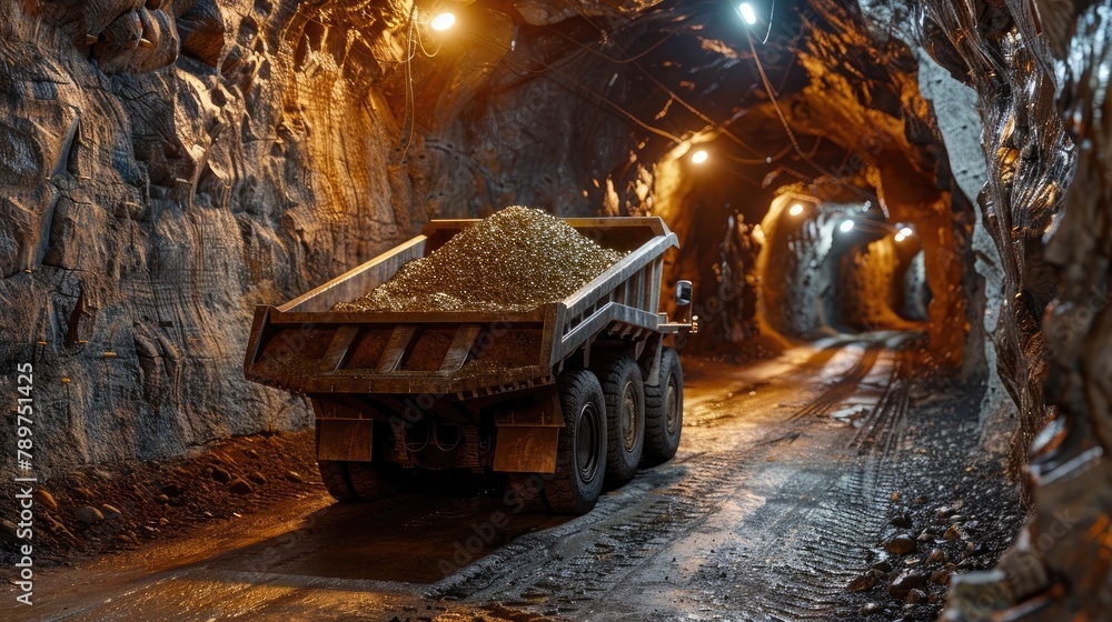 Massive Ore Hauler Transporting Valuable Minerals Through Dimly Lit Tunnels of Underground Mine