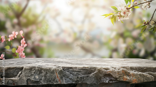 Empty Old Stone Table with Blurred Spring Theme in Background, Perfect for Product Display.