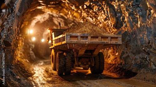 Massive Ore Hauler Transporting Valuable Minerals Through Dimly Lit Underground Tunnel