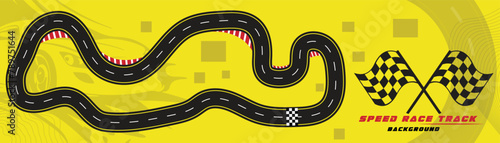 Creative vector illusion of race track isolated on yellow background. Speed race track background design with sport car. photo
