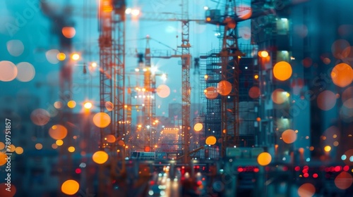 Defocused blurred lights and blurred lines of construction cranes and building materials create a chaotic yet captivating backdrop for the construction site. . photo