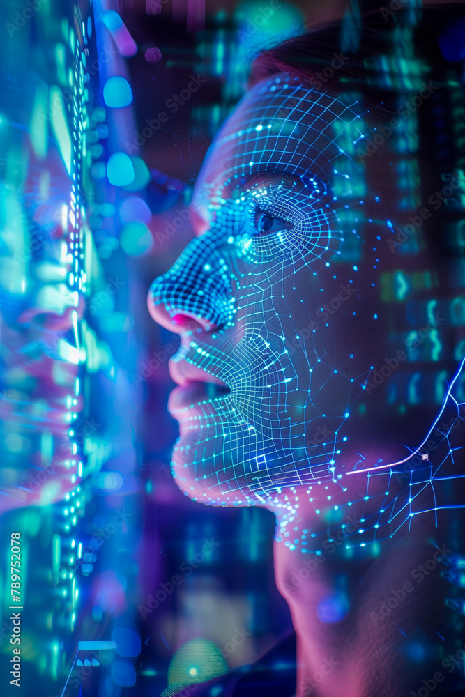 A woman's face is projected onto a screen in a blue and purple color scheme A woman's face is projected onto a screen in a blue and purple color scheme