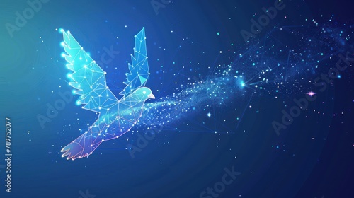 Flying pigeon with a ribbon of hope in its beak. Awareness month. Polygonal design of interconnected lines and points. AI generated