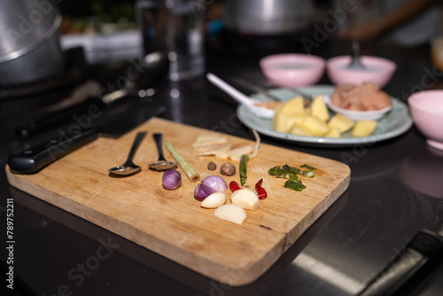 Cutting board with ingredients. photo