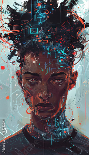 Illustration digital fantasy, contemplative black man with circuit inspired short hair and fluid digital elements, tech artist style.