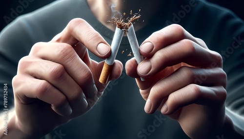 Stop smoking concept with man breaking a cigarette powerful visual for smoking cessation and world no tobacco campaigns