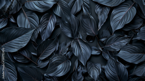 This image features abstract black leaves arranged to form a textured tropical background  blending dark and tropical elements.