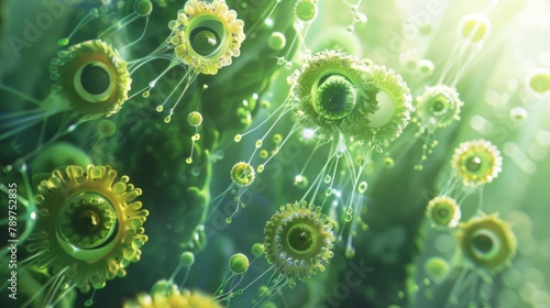 A creative depiction of a microalgae plant with tiny gears and turbines p inside each cell fueling the conversion of sunlight into energy. The potential of this tiny titan to power .