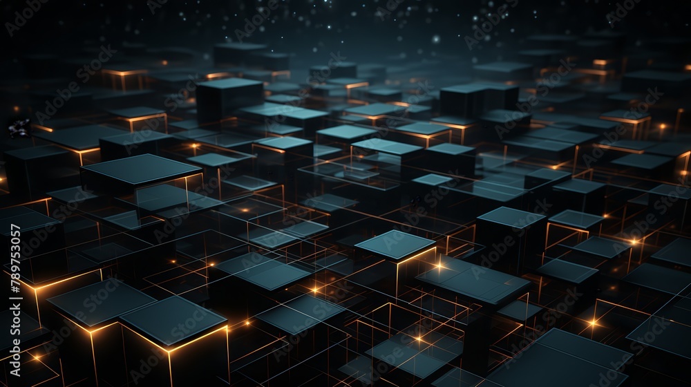 Fototapeta premium Dark-toned 3D squares unfolding into a minimalist geometric radar display,