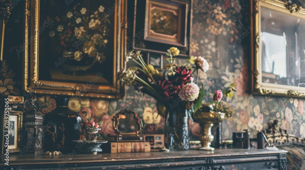 The hazy background of ornate wallpaper and gilded picture frames give a glimpse into the opulence of a time gone by at this enchanting shop. . - obrazy, fototapety, plakaty 