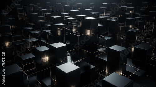 Dark-toned 3D squares building a geometric  minimalist supercomputer 
