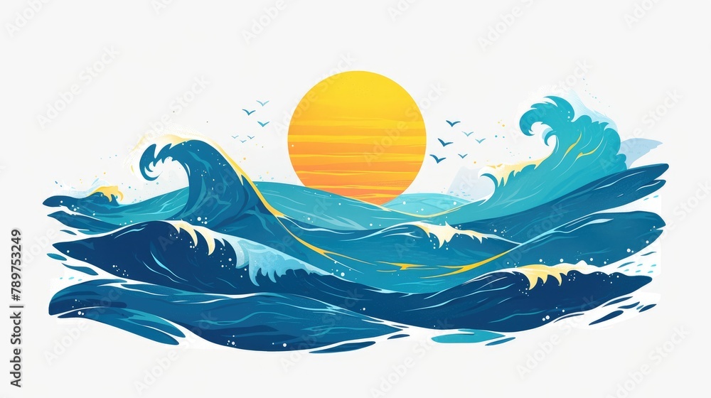 Illustration of a sunny yellow sun and flowing waves set against a crisp white backdrop depicted as an isolated icon in 2d format Illustration of a sunny yellow sun and flowing waves set against a crisp white backdrop depicted as an isolated icon in 2d format