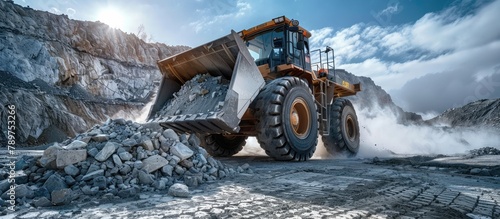 Wheel Loader Excavating Massive Mounds of Gravel in a Busy Quarry photo
