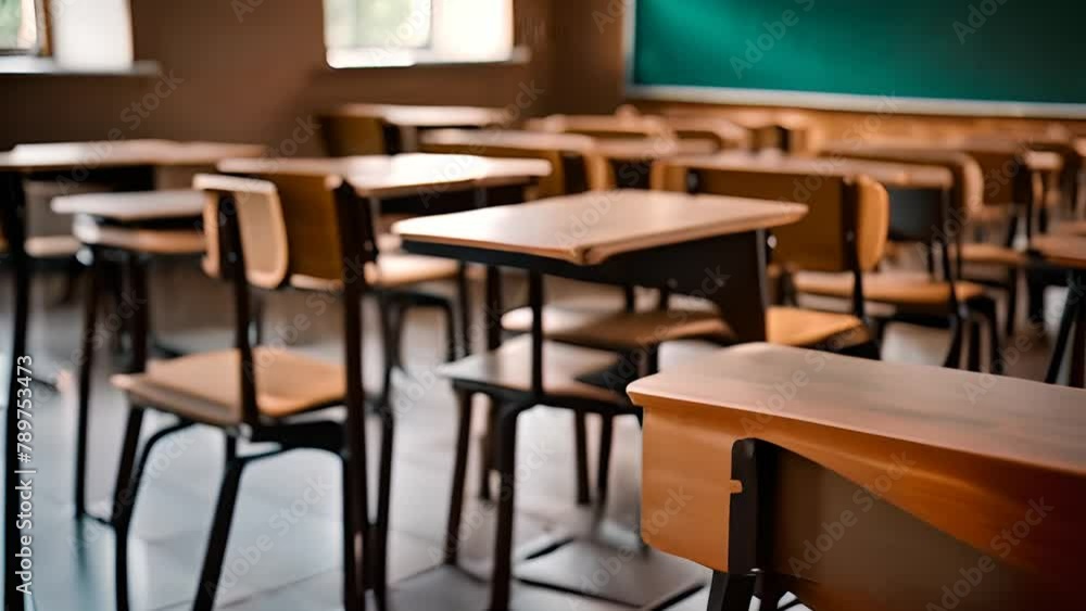 Classroom Filled With Wooden Desks and Chairs Generative AI Classroom Filled With Wooden Desks and Chairs Generative AI