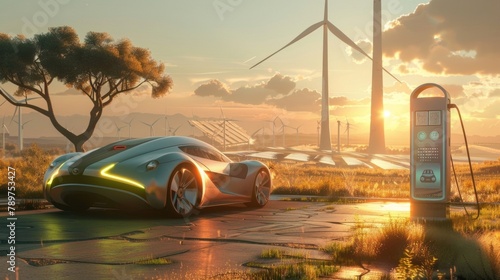 A futuristiclooking electric car being refueled at a pump with a biofuel label. In the background a wind farm spins its turbines and solar panels glint in the sunlight. . photo
