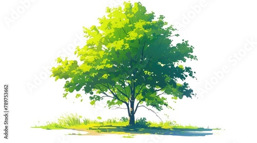 A vibrant and simplistic 2d illustration featuring a deciduous tree standing alone against a white backdrop adorned with luxuriant green foliage that epitomizes the essence of a summer land
