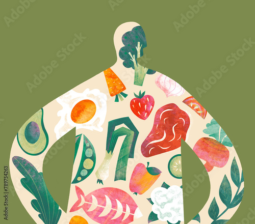 Abstract persona silhouette filled with food items on green background photo