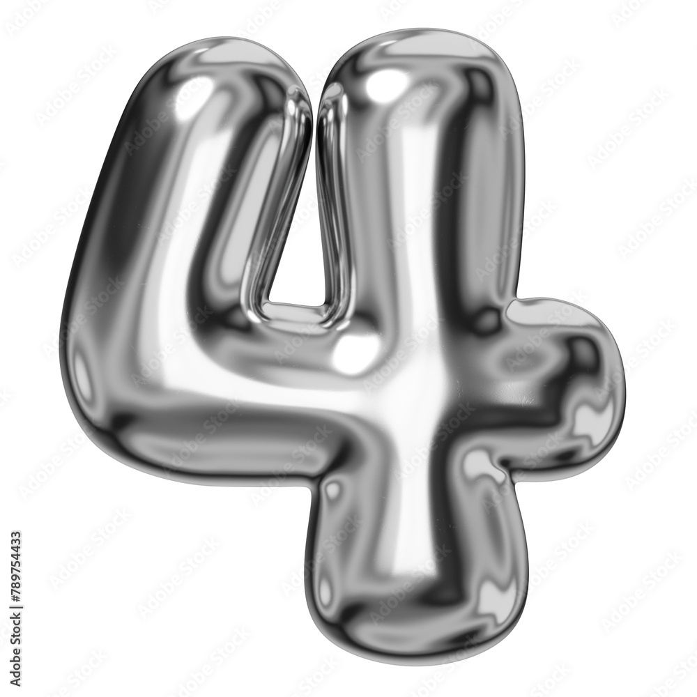 4 number png sticker, 3D chrome metallic balloon design, transparent background 4 number png sticker, 3D chrome metallic balloon design, transparent background