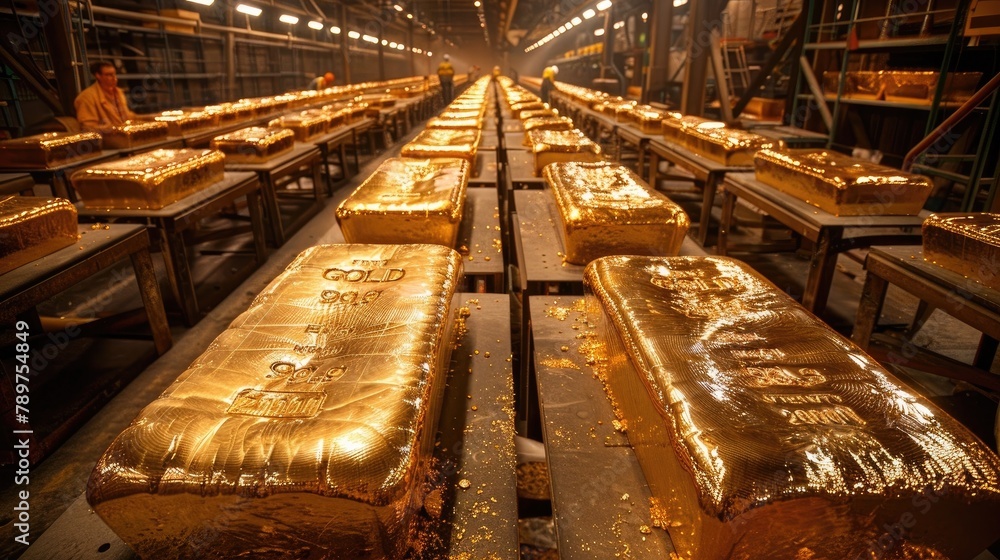 Gold Refinery Workers Meticulously Crafting Pure Bullion Bars Through Advanced Techniques - obrazy, fototapety, plakaty 