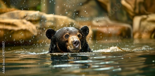 A sun bear is swimming in a river photo