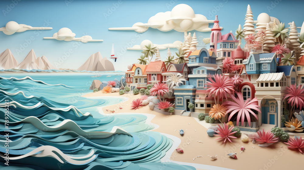 Geometric abstract city on sea coast. Paper cut beach houses on sea shore. Summer vacation concept background. Generative AI Geometric abstract city on sea coast. Paper cut beach houses on sea shore. Summer vacation concept background. Generative AI