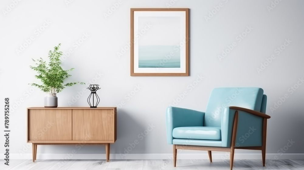 Wooden cabinet and mock up poster frame on white wall near blue armchair. Interior design of modern living room. Generative AI Wooden cabinet and mock up poster frame on white wall near blue armchair. Interior design of modern living room. Generative AI