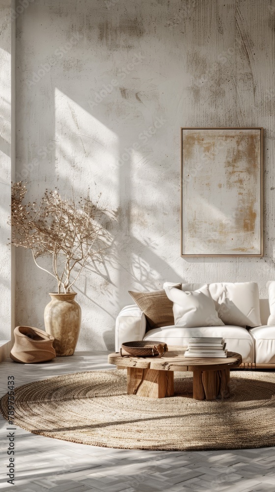 A 3D rendering displays a contemporary living space, exuding coziness with modern furniture set against a pristine white wall texture.
A 3D rendering displays a contemporary living space, exuding coziness with modern furniture set against a pristine white wall texture.