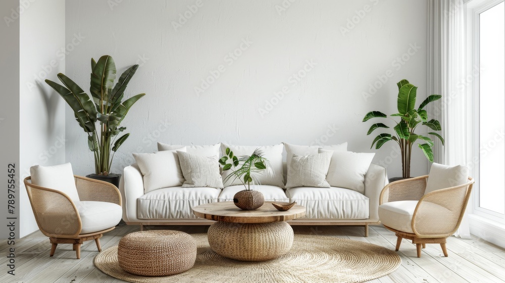A 3D rendering displays a contemporary living space, exuding coziness with modern furniture set against a pristine white wall texture.
A 3D rendering displays a contemporary living space, exuding coziness with modern furniture set against a pristine white wall texture.