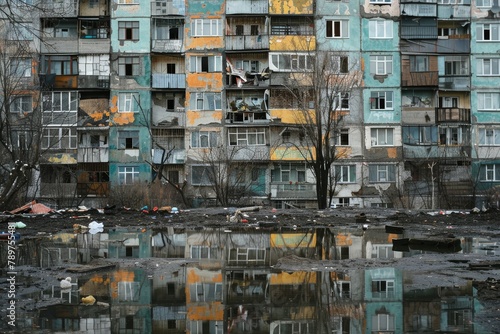 A gray nine-story building in Russia, mud, puddles, garbage, poverty, and destitution.