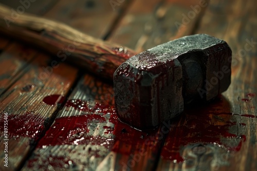 Conceptual image a hammer in blood on the table. The concept of committed crime, murder, torture and physical injury