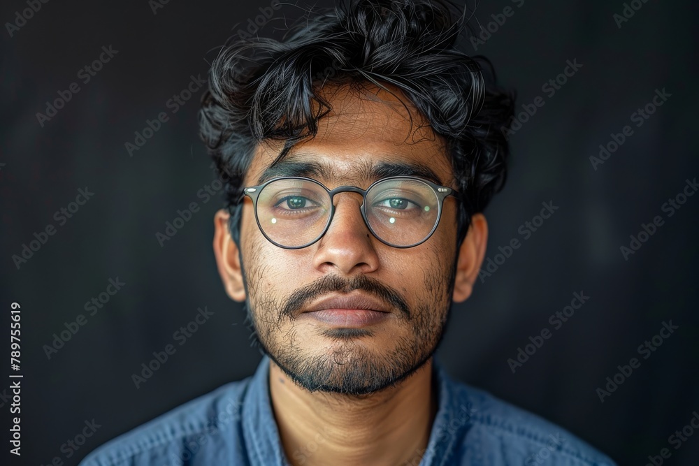 A portrait of an Indian programmer wearing glasses and a shirt. A portrait of an Indian programmer wearing glasses and a shirt.