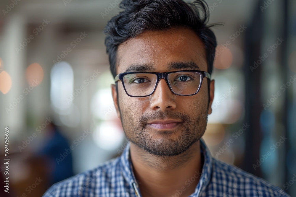 A portrait of an Indian programmer wearing glasses and a shirt. A portrait of an Indian programmer wearing glasses and a shirt.