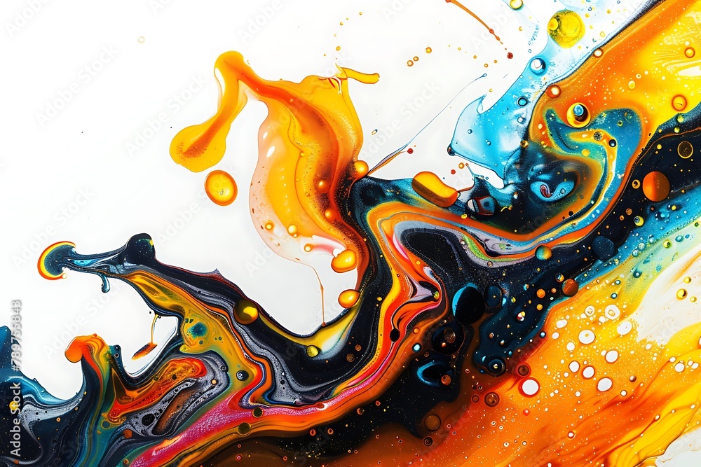 : A bold and abstract representation of liquid or fluid substances, with a rich and vibrant color palette, set against a stark white background