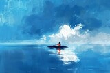 An abstract illustration depicts a lone adventurer in a canoe, drifting across the vast ocean, pondering solitude and inner exploration.






