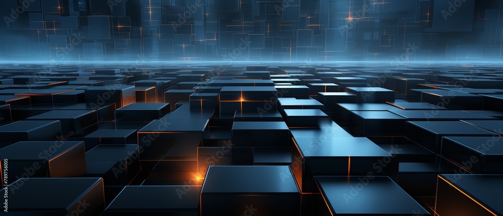 Fototapeta premium High-tech 3D squares forming a dark, geometric minimalist control center,