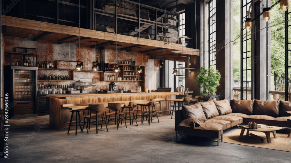 Interior design of beautiful modern loft coffee house with wooden furniture. Generative AI Interior design of beautiful modern loft coffee house with wooden furniture. Generative AI