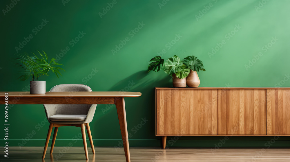 Wooden table and chair against green wall. Interior design of modern living room. Generative AI Wooden table and chair against green wall. Interior design of modern living room. Generative AI