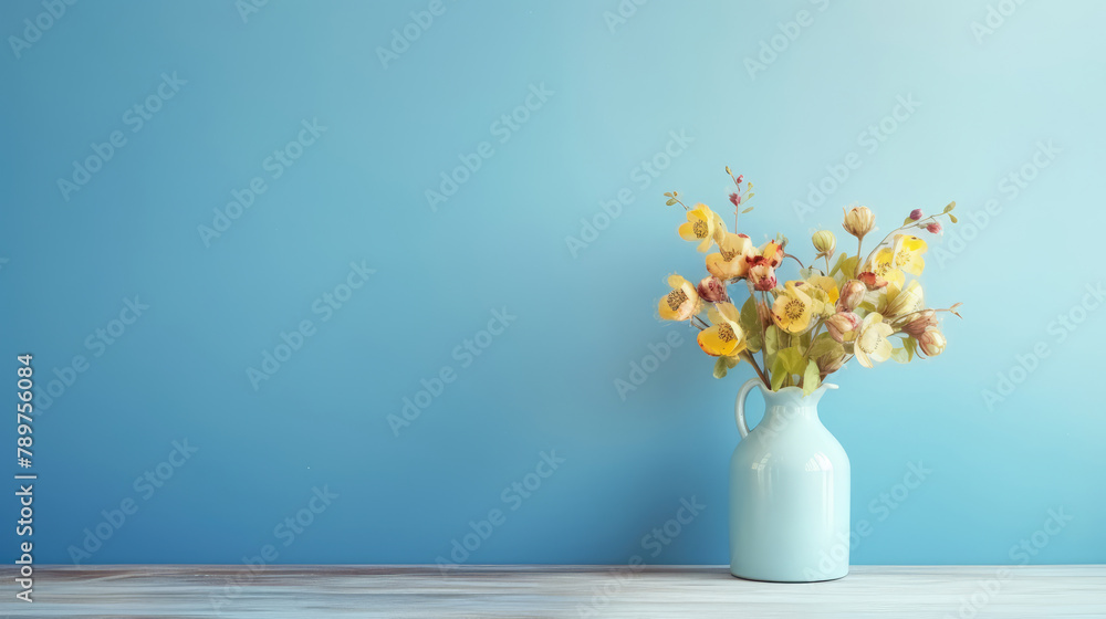 Field flowers in glass vase on wooden table against light blue wall background. Interior design of modern living room with space for text. Generative AI
