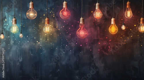 A blackboard serves as the backdrop for colorful light bulbs, embodying creativity, idea generation, and innovation in a visually striking concept.