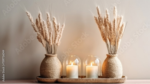Decorative vase made from craft rope with dried flowers and burning candles against frame. Home decor and accent pieces. Interior design of modern living room. Generative AI