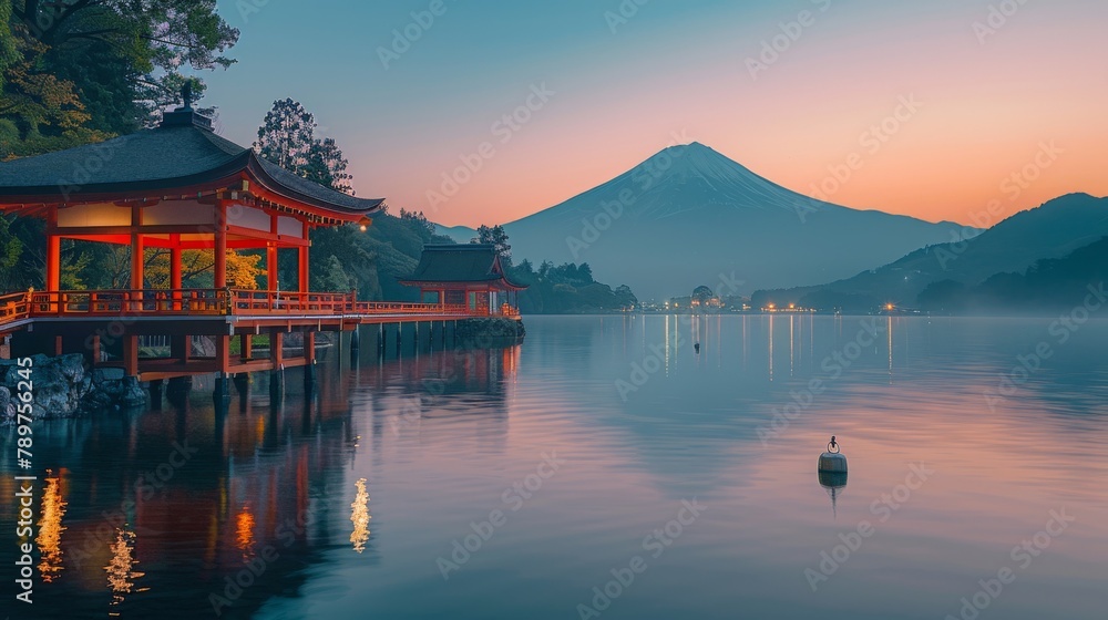 The early morning sun casts a golden glow over Lake Kawaguchiko, framing Mount Fuji's iconic peak. A luxurious travel snapshot capturing nature's grandeur.





 - obrazy, fototapety, plakaty 