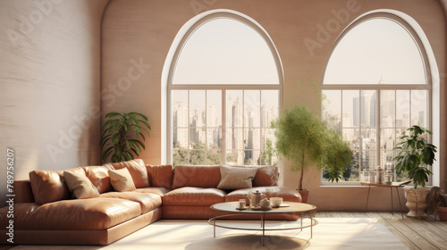 Arched window and terra cotta leather sofa in apartment. Interior design of modern living room. Generative AI